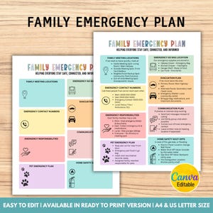Puede incluir: Dos plantillas imprimibles de plan de emergencia familiar. Las plantillas incluyen secciones para lugares de reunión, números de contacto, planes de evacuación y planes de emergencia para mascotas. El texto de las plantillas dice "Family Emergency Plan" y "Helping Everyone Stay Safe, Connected, and Informed."
