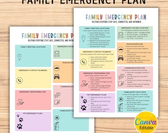 May include: Two printable family emergency plan templates. The templates include sections for meeting locations, contact numbers, evacuation plans, and pet emergency plans. The text on the templates reads "Family Emergency Plan" and "Helping Everyone Stay Safe, Connected, and Informed."