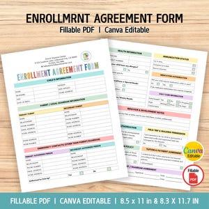 Könnte beinhalten: Zweiseitiges Anmeldeformular mit farbenfrohem Design. Das Formular enthält Abschnitte für Kinderinformationen, Eltern-/Erziehungsberechtigteninformationen und Gesundheitsdetails. Der Text "Fillable PDF | Canva Editable" wird oben und unten im Bild angezeigt. Das Formular ist 21,6 x 27,9 cm und 21,1 x 29,7 cm groß.
