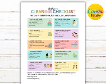 Lista de verificación editable para la limpieza del baño infantil, tabla de tareas del baño, rutina de limpieza imprimible para niños, organigrama infantil, plantilla de Canva