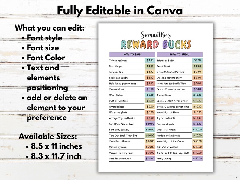 Editable Kids Reward Bucks Chore Chart: Printable Incentive System ...