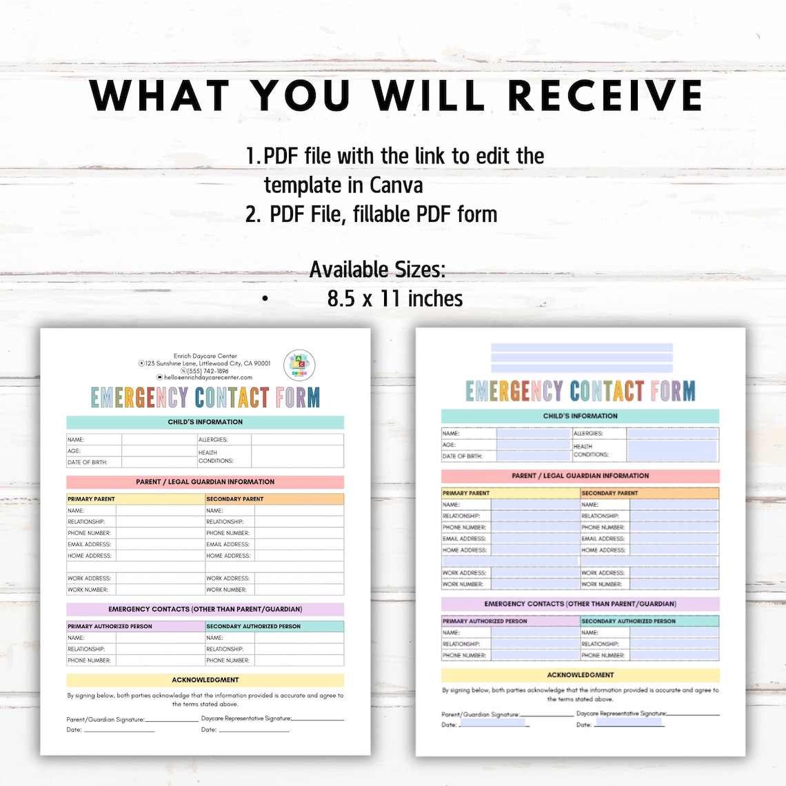 Editable Emergency Contact Form for Daycare, Emergency Information ...