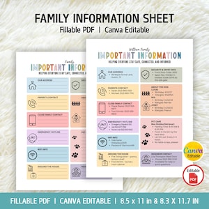 Bewerkbaar gezinsinformatieblad, sjabloon voor contactgegevens voor noodgevallen, afdrukbare babysitterinfo, veiligheidsblad, organisator gezinsgegevens
