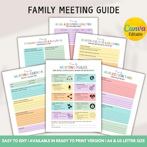 May include: A collection of printable family meeting guides with colorful pastel backgrounds. The guides cover topics like goals, problem-solving, gratitude, and meeting rules. The text "Family Meeting Guide" is at the top.