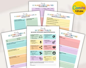 Editable Family Meeting Guide, Family Meeting Agenda, Family Meeting Worksheet, Family Organization Template, Household Organization, Canva