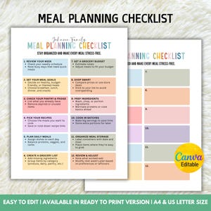 May include: A meal planning checklist with the text "Meal Planning Checklist" in a colorful design. The checklist includes sections for reviewing the week, setting meal goals, and creating a grocery list. The Canva logo is visible.