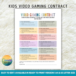 Op de afbeelding: Een afdrukbaar "Kids Video Gaming Contract" met een kleurrijk ontwerp. Het contract schetst regels voor verantwoord gamen, inclusief het prioriteren van verantwoordelijkheden, veilig online zijn en pauzes nemen. Beschikbaar in A4- en US Letter-formaten.