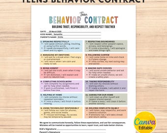 Behavior Contract for Teens, Teens Behavior Agreement, Teens  Behavior Checklist, Consequence Chart, Action Consequence, Behavior Management