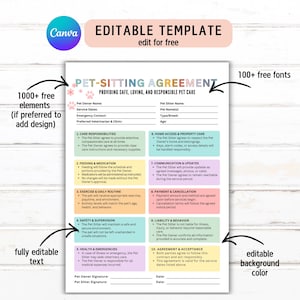 May include: Pet-sitting agreement template with sections for pet owner and sitter details, care responsibilities, feeding, exercise, safety, and health. Includes editable text, a customizable background color, and over 100 free fonts. The Canva template is designed for providing safe, loving, and responsible pet care.