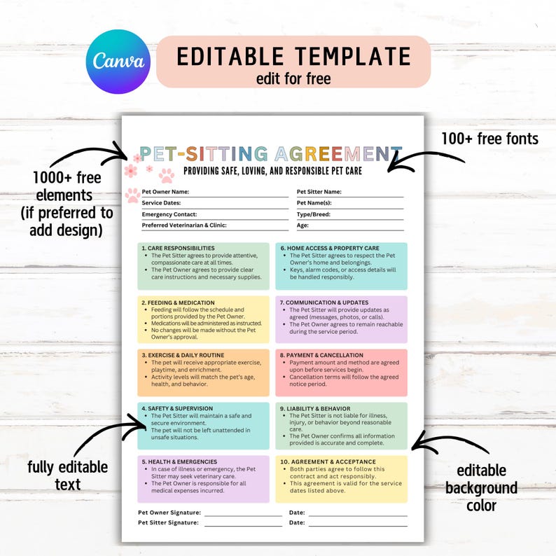 May include: Pet-sitting agreement template with sections for pet owner and sitter details, care responsibilities, feeding, exercise, safety, and health. Includes editable text, a customizable background color, and over 100 free fonts. The Canva template is designed for providing safe, loving, and responsible pet care.