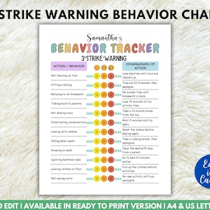 Editable 3-Strike Behavior Chart, Kids Behavior Consequence Chart,  Action Consequence Warning, Kids Behavior Management, Canva Template