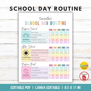 Kids School Routine Checklist, School Day Routine Chart, Morning Afternoon Bedtime Routine Checklist, Daily Routine Tracker, Editable Canva