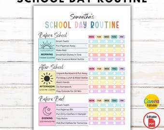 Kids School Routine Checklist, School Day Routine Chart, Morning Afternoon Bedtime Routine Checklist, Daily Routine Tracker, Editable Canva