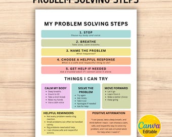 Editable Problem Resolution Chart for Kids Teens, Coping Skills Chart, Emotional Regulation Chart, Calm Down Strategies, Canva Template