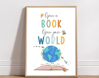 Open a Book Öffnen Sie Ihre Welt druckbare Poster, Bibliothek Poster, Homeschool Klassenzimmer Dekoration, digitaler Download