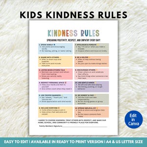 May include: A printable poster titled "Kids Kindness Rules" with 12 rules for spreading positivity, respect, and empathy. The poster has a white background with colourful text boxes and is available in A4 and US letter sizes.
