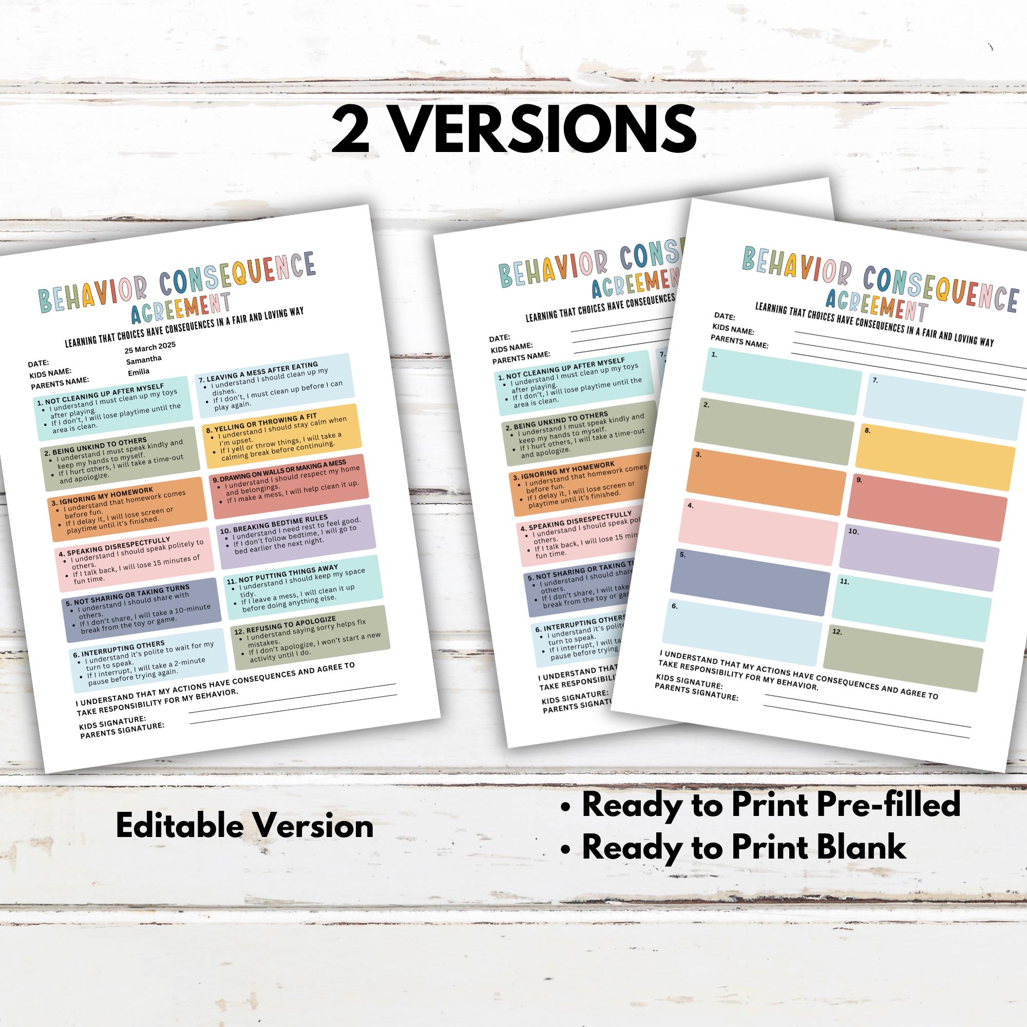 Behavior Consequence Agreement, Kids Behavior Contract, Consequence ...