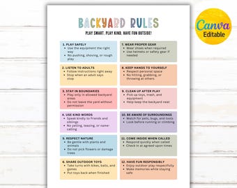 May include: A colorful printable sign titled "Backyard Rules for Kids" with a list of 12 rules for safe and fun outdoor play. The sign includes the text "Play Smart. Play Kind. Have Fun Outside!" and is available in A4 and US Letter size.