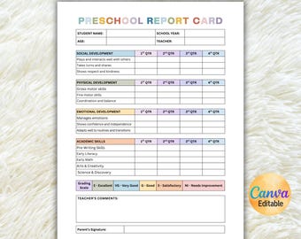 Editable Homeschool Report Card, Preschool Report Card, Homeschooling Progress Report Card, Student Report Card, Canva Template