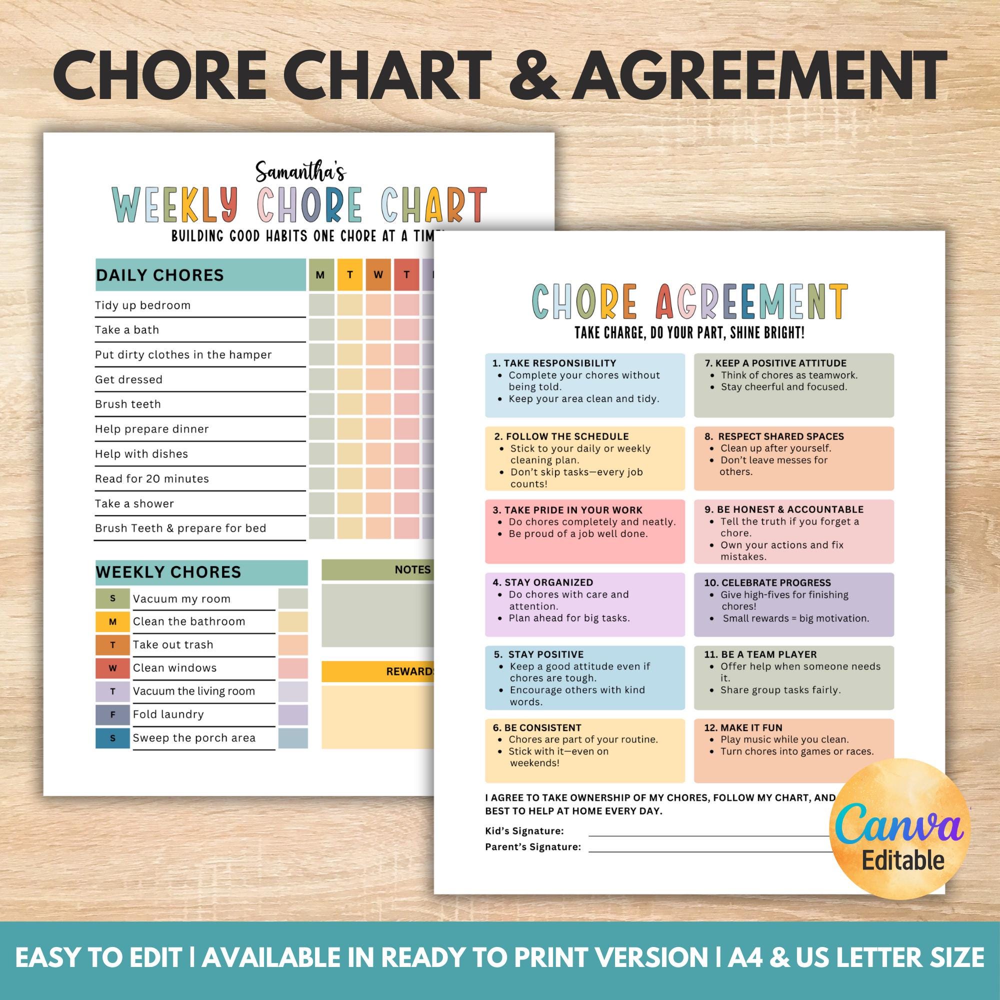 Editable Kids Daily Checklist Chart, Kids Routine Chart, Responsibility ...