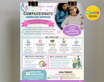 Editable Homecare Services Flyer, Home Care Marketing, Caregiver Services Flyer, Elderly Care Flyer, Senior Care Flyer, Canva Template