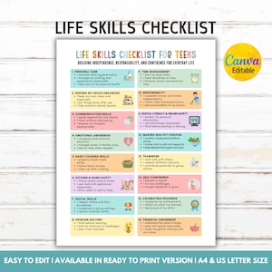 May include: A printable Life Skills Checklist for Teens, featuring sections on personal care, communication, and time management. The colorful design includes the text "Life Skills Checklist for Teens" and "Canva Editable."