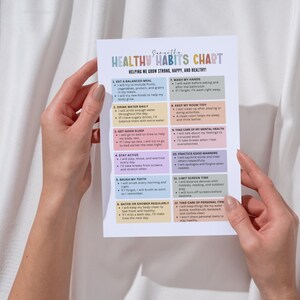 Op de afbeelding: Een persoon houdt een kleurrijke "Healthy Habits Chart" vast met 12 tips voor een gezonde levensstijl. De kaart bevat advies over voeding, slaap, lichaamsbeweging en persoonlijke verzorging. De tekst is in het Engels en is bedoeld om welzijn te bevorderen.
