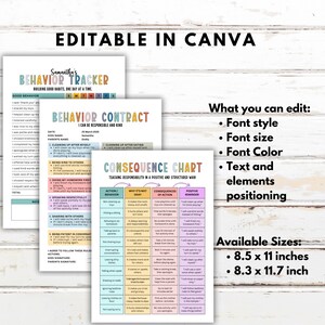 May include: A set of printable behavior charts and contracts, editable in Canva. The designs include a behavior tracker, a behavior contract, and a consequence chart. Available in 8.5 x 11 and 8.3 x 11.7 inch sizes. The text includes "Building good habits, one day at a time."
