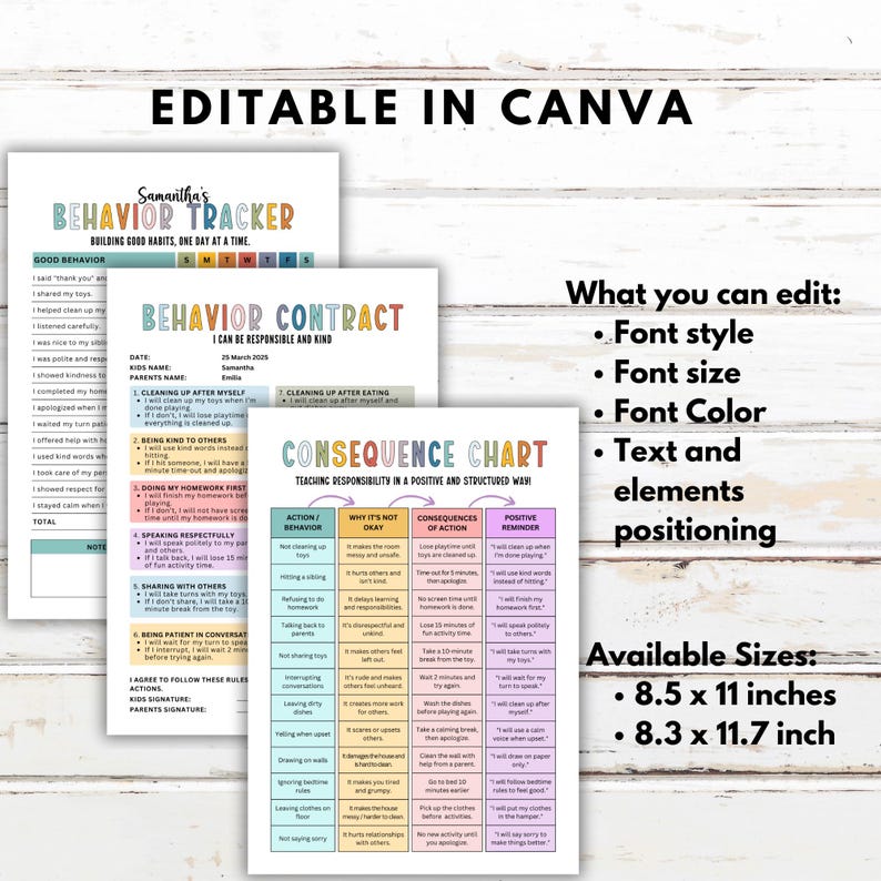 May include: A set of printable behavior charts and contracts, editable in Canva. The designs include a behavior tracker, a behavior contract, and a consequence chart. Available in 8.5 x 11 and 8.3 x 11.7 inch sizes. The text includes "Building good habits, one day at a time."