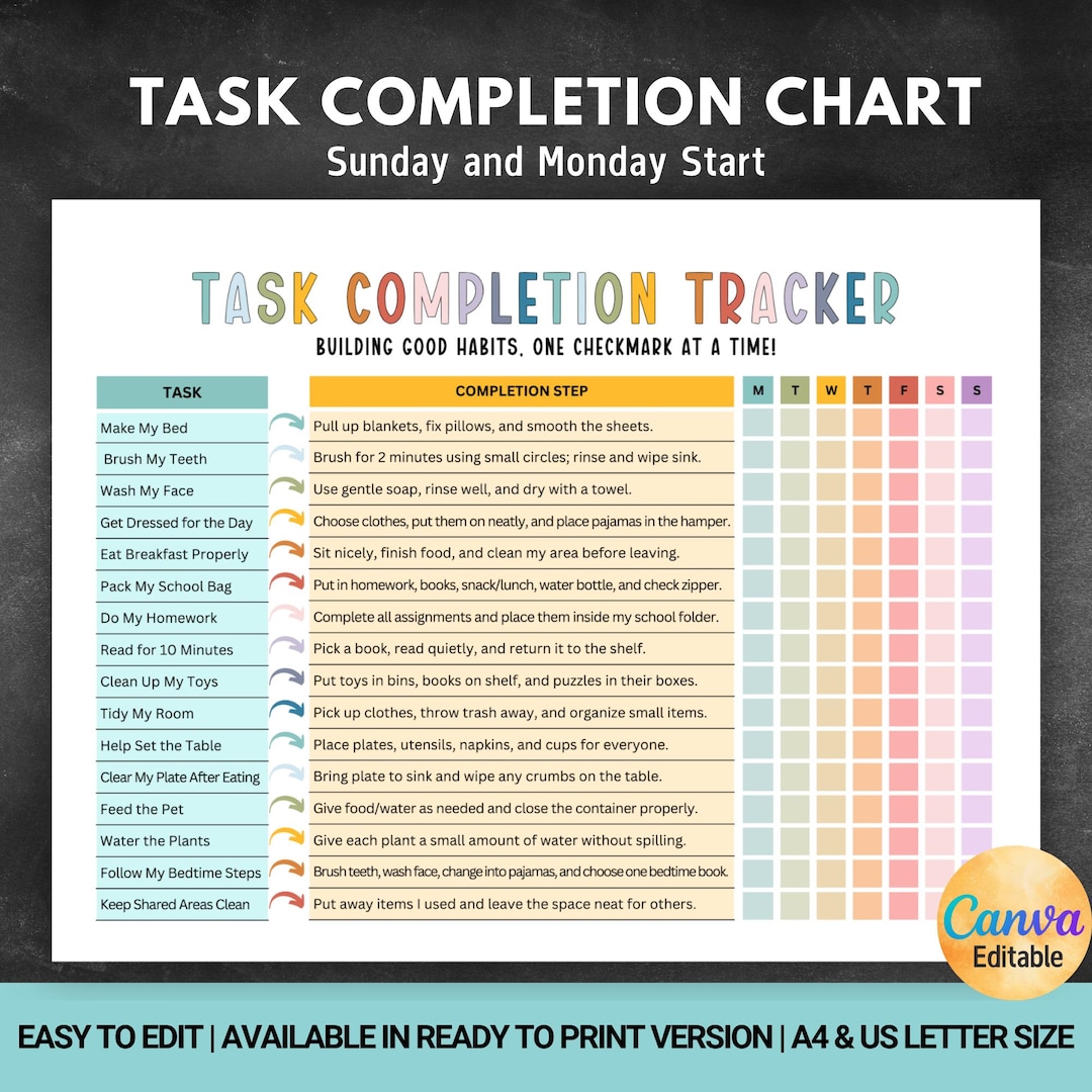 Task Completion Chart for Kids, Task Tracker, Responsibility Chart ...