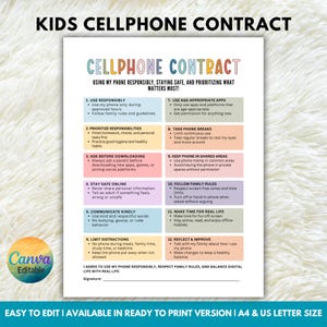 Editable Cellphone Contract for Kids, Kids Phone Agreement, Printable Kids Phone Rules, Digital Device Contract, Screen Time Rules for Kids