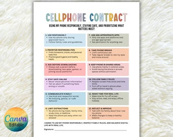Editable Cellphone Contract for Kids, Kids Phone Agreement, Printable Kids Phone Rules, Digital Device Contract, Screen Time Rules for Kids
