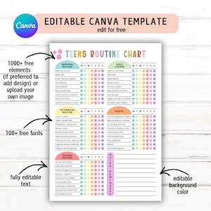 Puede incluir: Una plantilla imprimible de Tabla de Rutina para Adolescentes con texto y color de fondo editables. La tabla incluye secciones para rutinas de ma&ntilde;ana, tarde y noche, tareas diarias y h&aacute;bitos. La plantilla de Canva est&aacute; disponible gratis.