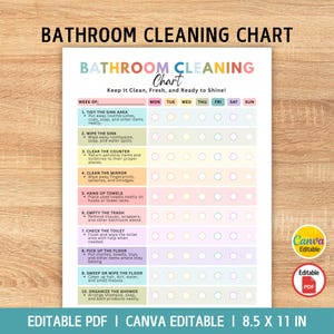 May include: A printable bathroom cleaning chart with a weekly checklist featuring ten tasks, including tidying the sink, wiping surfaces, and organizing the shower. The document includes a header, days of the week, and checkboxes in 8.5 x 11 inches.