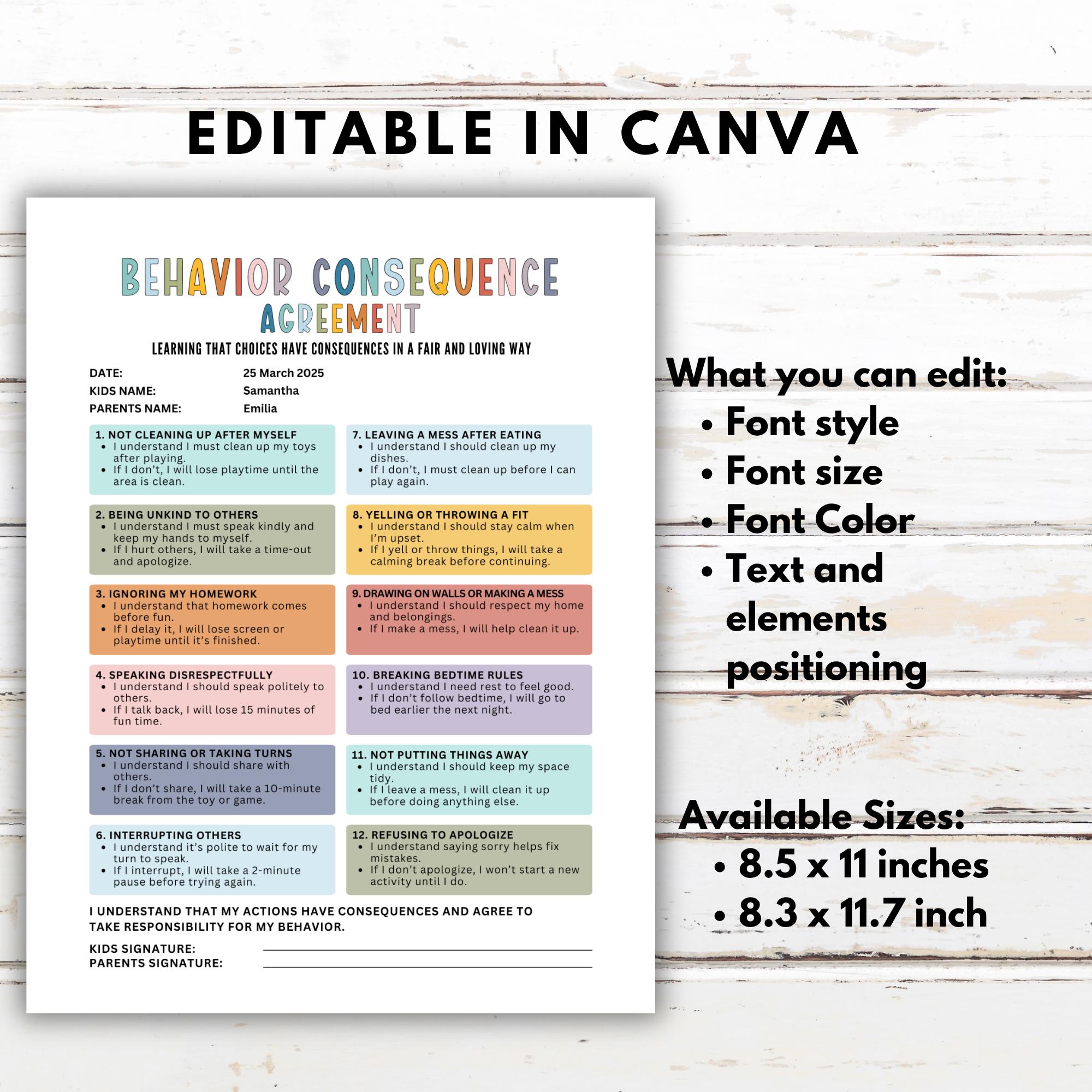 Behavior Consequence Agreement, Kids Behavior Contract, Consequence ...