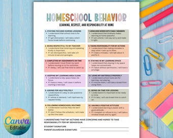 Comportamiento de los niños en la educación en casa, contrato de comportamiento, lista de verificación de comportamiento, gestión del comportamiento, acuerdo de comportamiento, plantilla editable de Canva