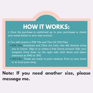 Pode incluir: Gr&aacute;fico turquesa e rosa com o texto "COMO FUNCIONA:" e instru&ccedil;&otilde;es para baixar e imprimir arquivos. O texto explica como acessar os arquivos comprados e edit&aacute;-los no Canva.
