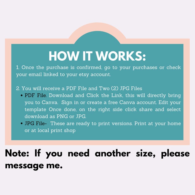 Pode incluir: Gr&aacute;fico turquesa e rosa com o texto "COMO FUNCIONA:" e instru&ccedil;&otilde;es para baixar e imprimir arquivos. O texto explica como acessar os arquivos comprados e edit&aacute;-los no Canva.