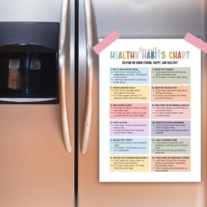 Op de afbeelding: Een witte grafiek getiteld "Healthy Habits Chart" met roze decoratieve tape. De grafiek geeft 12 gezonde gewoonten weer, waaronder het eten van evenwichtige maaltijden, het drinken van water en voldoende slaap. De grafiek is op een koelkast geplakt.