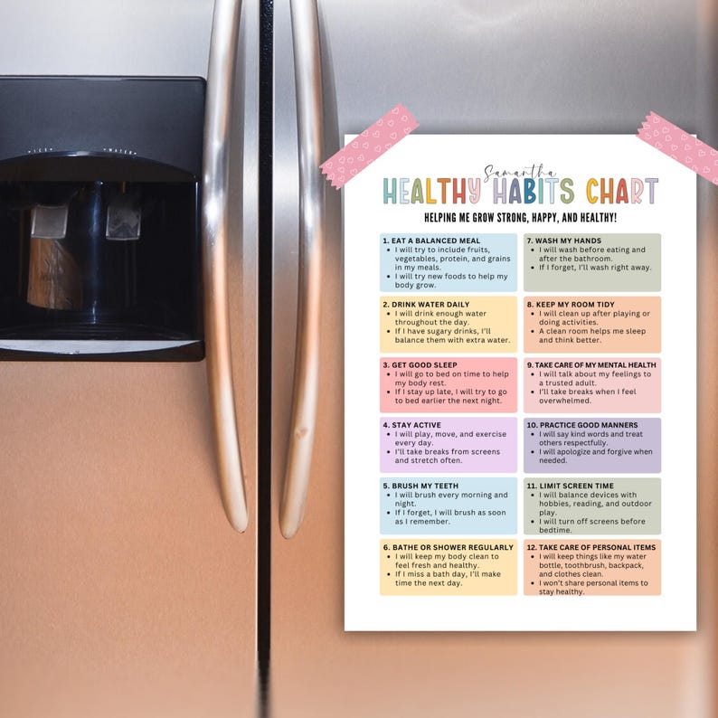 Op de afbeelding: Een witte grafiek getiteld "Healthy Habits Chart" met roze decoratieve tape. De grafiek geeft 12 gezonde gewoonten weer, waaronder het eten van evenwichtige maaltijden, het drinken van water en voldoende slaap. De grafiek is op een koelkast geplakt.