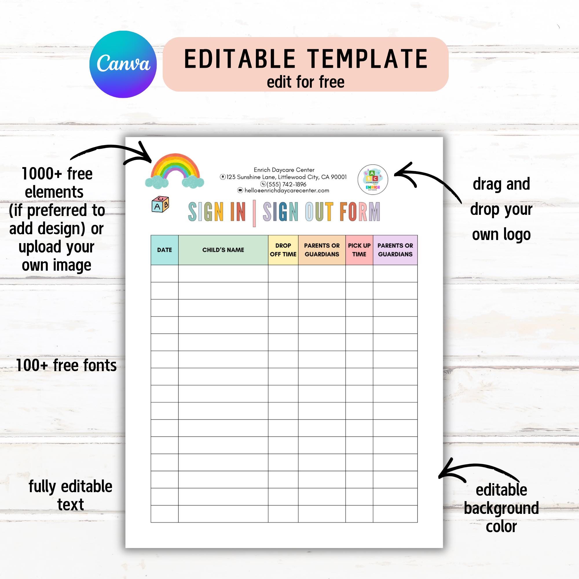 Editable Daycare Sign in and Out Form, Daycare Daily Log Sheets, Daily ...