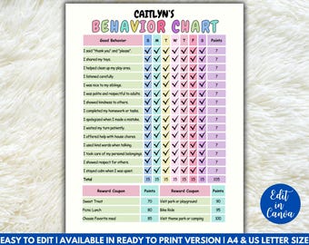 Bearbeitbares Kinder-Verhaltensdiagramm, Verhaltens-Tracker, Verhaltens-Checkliste, Verhaltensmanagement, Belohnungssystem für gutes Benehmen für Kinder, Canva-Vorlage