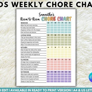 Editable Responsibility Chart for Kids, Routine Chart, Kids Cleaning Schedule, Weekly Chore Chart, Kids Daily Planner, Editable Template