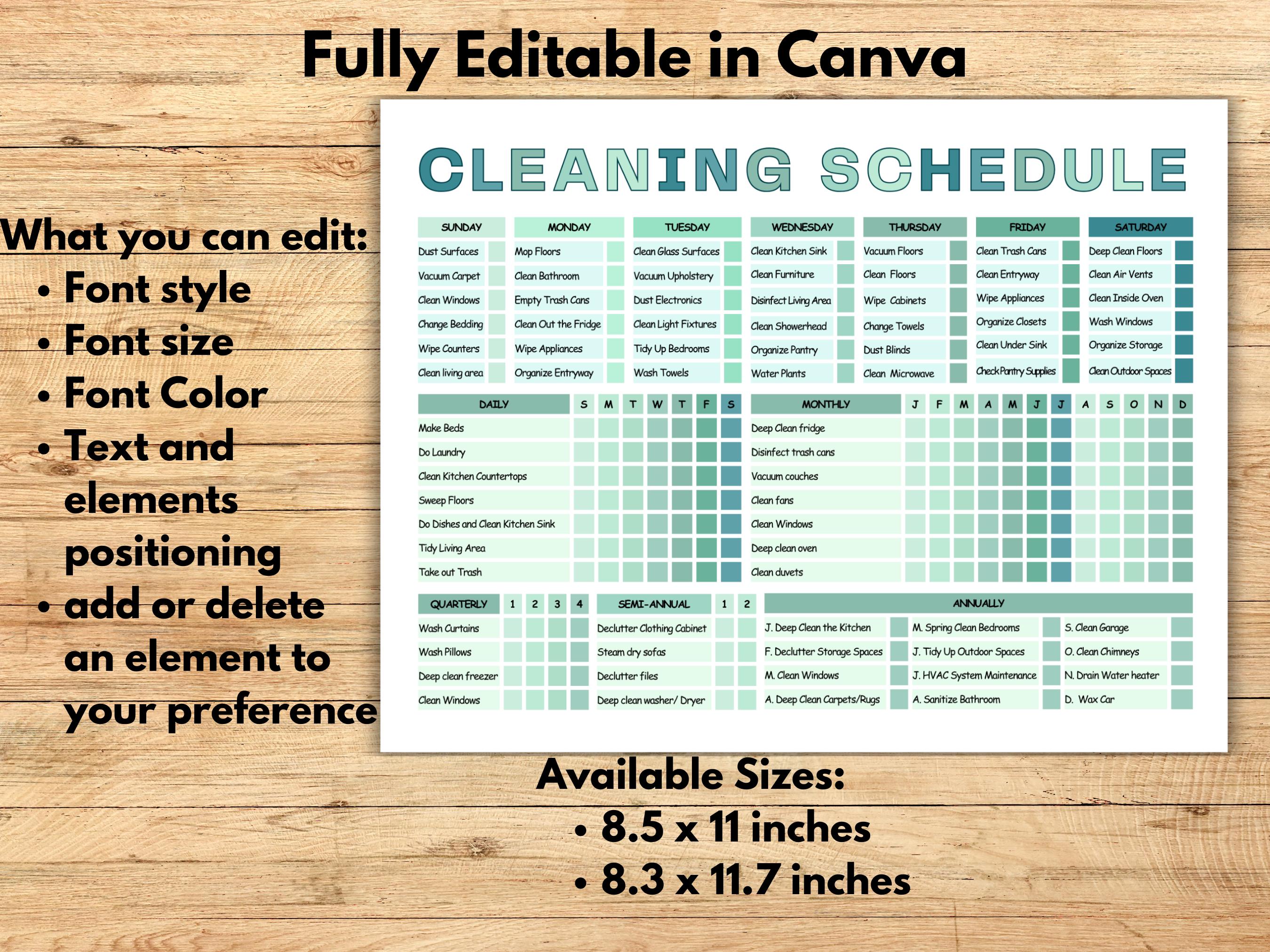 Editable Cleaning Schedule for ADHD, Cleaning Checklist, Chore Chart ...