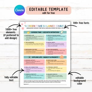 May include: A screen time balance chart template with the Canva logo, offering over 1000 free elements and 100+ free fonts. The chart details screen time use, offline life, and balance check-in, with editable text and background colour.