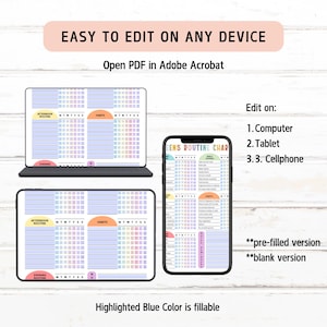 Puede incluir: Gr&aacute;fico de rutina digital que se muestra en una computadora port&aacute;til, tableta y tel&eacute;fono inteligente. El gr&aacute;fico se puede completar, con secciones azules resaltadas. El texto incluye "F&aacute;cil de editar en cualquier dispositivo".