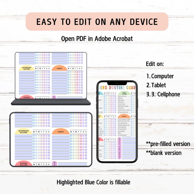 Puede incluir: Gr&aacute;fico de rutina digital que se muestra en una computadora port&aacute;til, tableta y tel&eacute;fono inteligente. El gr&aacute;fico se puede completar, con secciones azules resaltadas. El texto incluye "F&aacute;cil de editar en cualquier dispositivo".