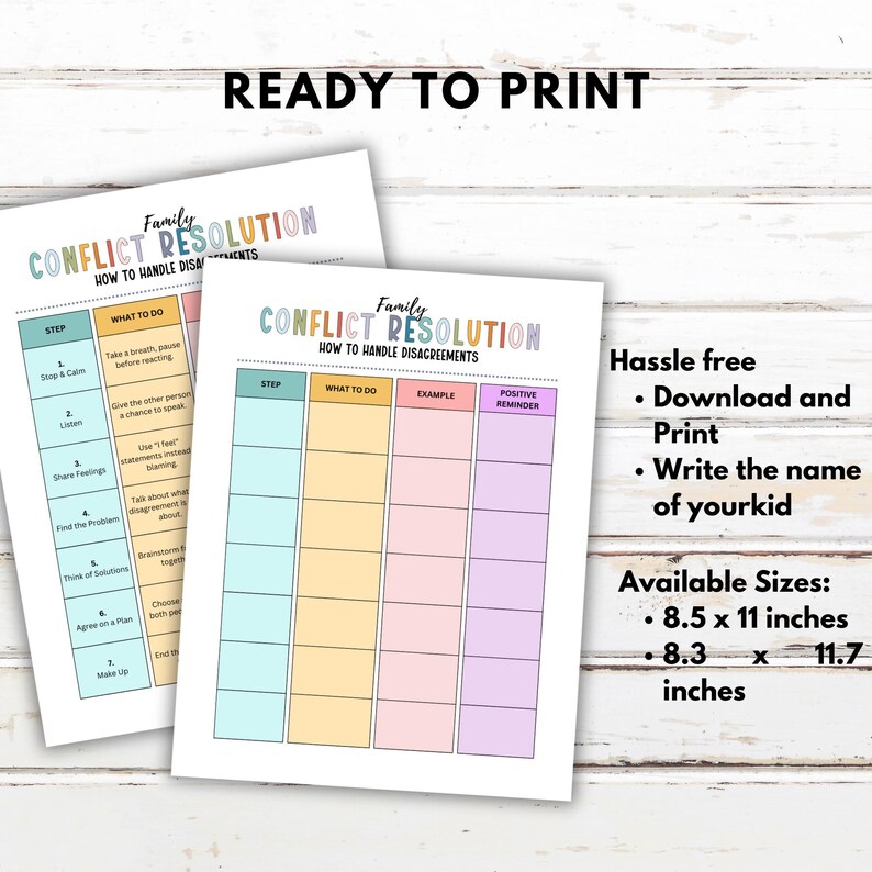 May include: Two printable sheets titled "Family Conflict Resolution" with pastel-colored columns for steps, actions, examples, and positive reminders. The text "Ready to Print" is at the top. Available sizes are 8.5 x 11 inches and 8.3 x 11.7 inches.