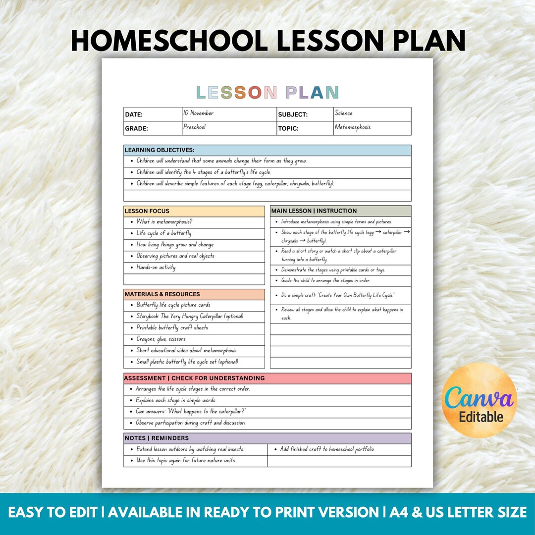 Editable Daily Homeschool Lesson Plan Template, Homeschool Planner