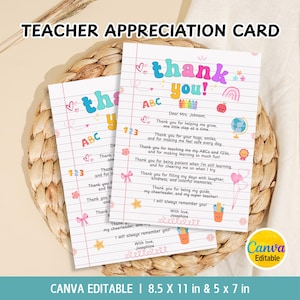 May include: Two teacher appreciation cards with the words "thank you" in colourful letters. The cards have lined paper backgrounds and include a personalised message. The cards are 21.6 x 27.9 cm and 12.7 x 17.8 cm.